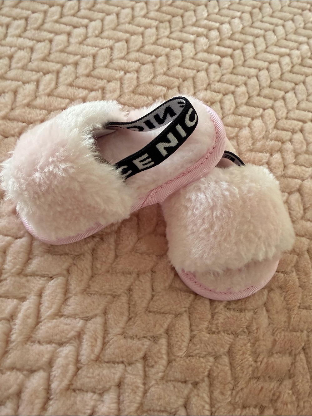 Newborn Baby Pink Fuzzy Slide Slippers with Elastic Back